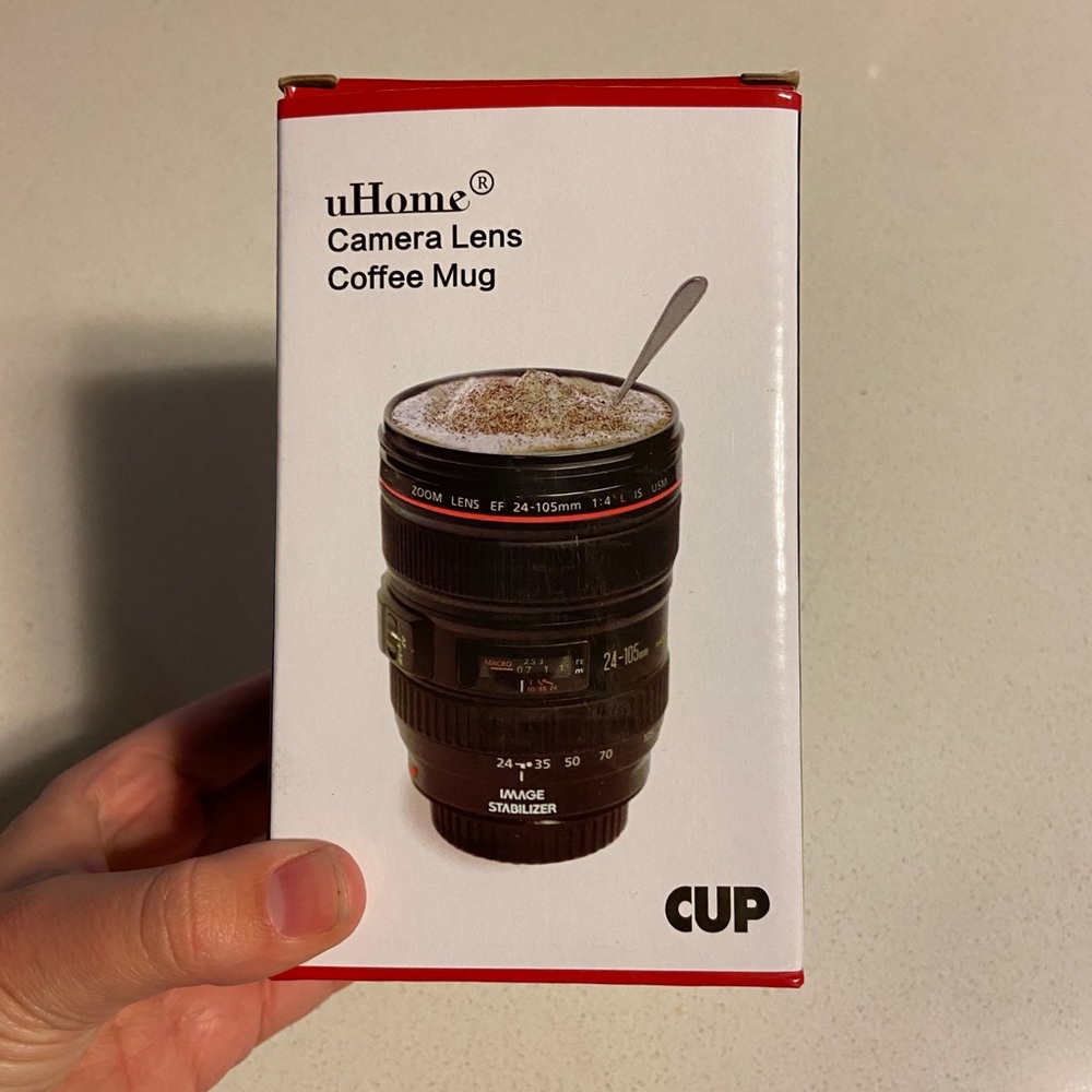 fake camera lens travel mug